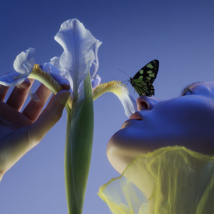 Руки держат голубые ирисы с бабочкой на фоне неба