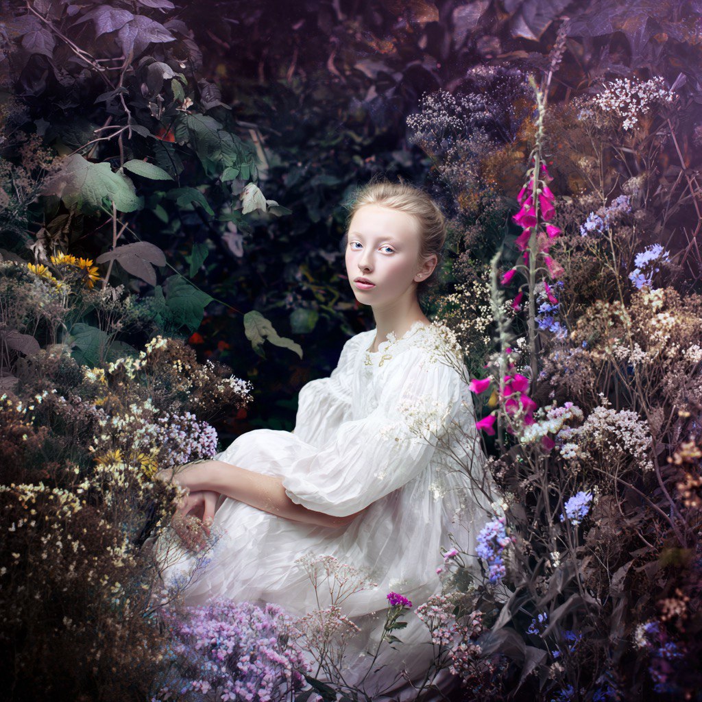 Woman in white romantic dress surrounded by wildflowers and dried flowers